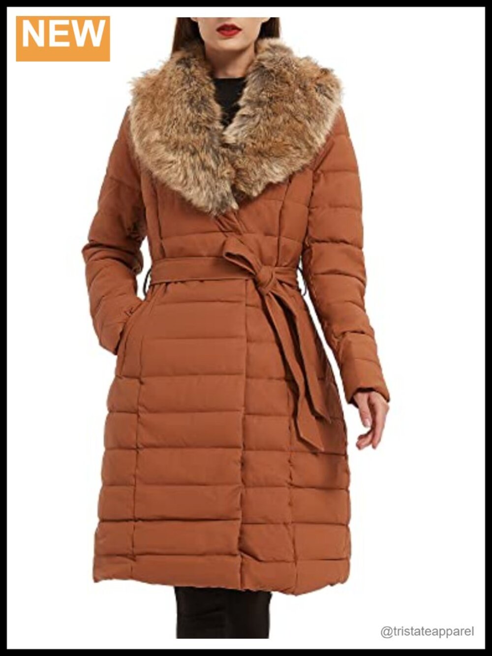 Faux Leather Long Quilted Puffer Coat with Faux Fur Collar